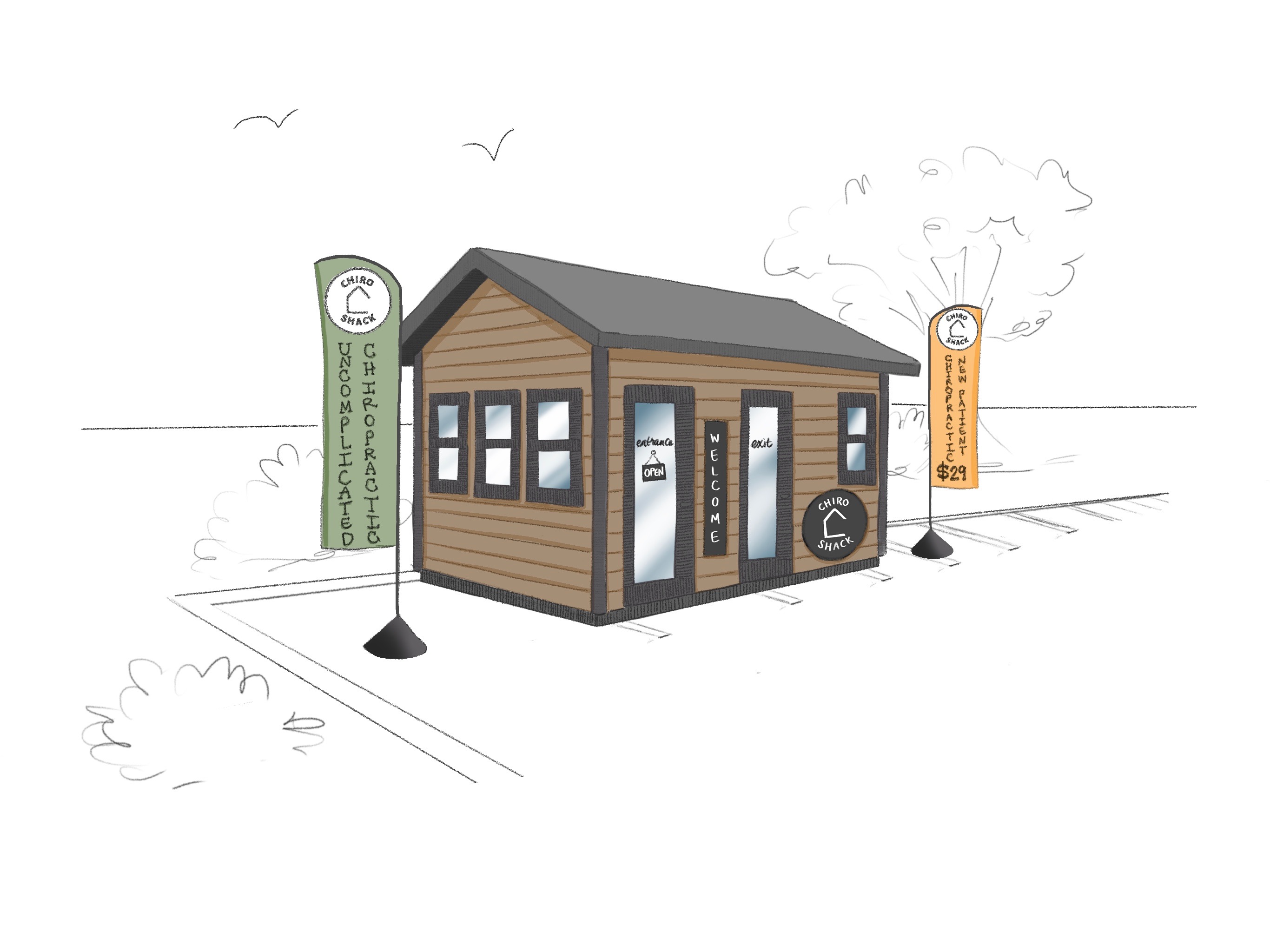 Hand-drawn illustration of a Chiro Shack — a tiny freestanding clinic with two feather flags